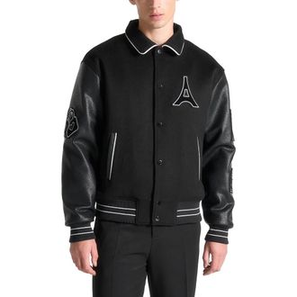 Mani&egrave;re De Voir Oscar Mona Lisa Wool Blend Varsity Jacket in Black at Nordstrom, Size Xx-Large