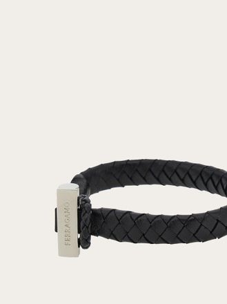 Ferragamo Mens Black Leather Braided Bracelet Bijoux