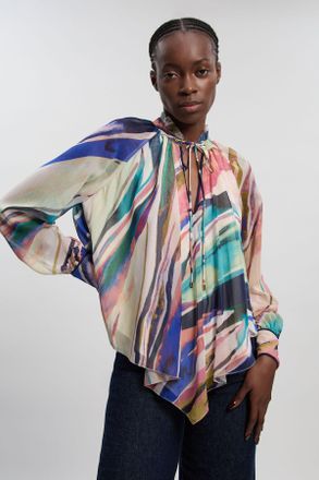 Karen Millen Womens Marble Print Crinkle Chiffon Cape Woven Blouse - Multicolour - Size 12 UK