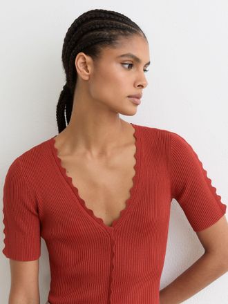 Reiss Rust Red Scallop-trim Rib-knit Top, XS