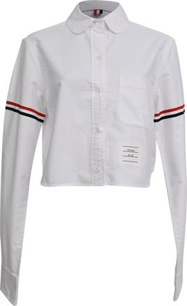 Thom Browne White Oxford Armband Cropped Round Collar Shirt in White Cotton