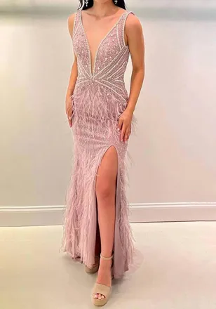 Jasz Couture Feather Detailed Sleeveless Prom Dress In Blush