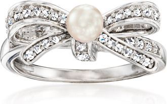 Ross-Simons 4-4.5mm Cultured Pearl and. Diamond Bow Ring in Sterling Silver