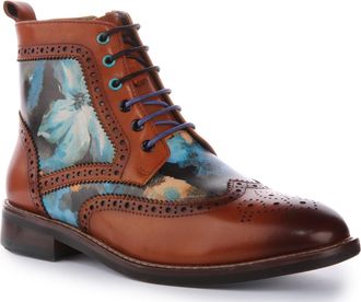 Justinreess England Hi Kennedy Iris Womens Floral Print Lace Up Brogue Ankle Boots (Brown Blue, UK 4)