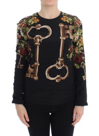 Dolce & Gabbana Dames Zwarte Sleutel Bloemenprint Zijde Blouse Top
