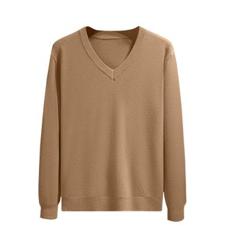 Generic Mens Jumper V Neck Long Sleeve T-Shirt Top Classic Soft Pullover Regular Fit Winter Sweater Casual Solid Color Workwear Sports Sweatshirt Coffee