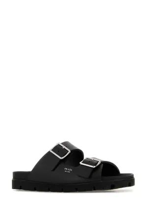 Prada Mens Black Leather Slippers Nero Flat Shoes