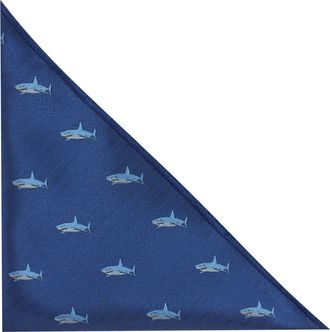 King & Priory Shark Navy Blue Herringbone Embroidered Pocket Square, Handkerchief