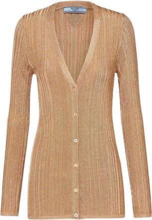 Prada Truien & Vesten, Dames, Geel, M, Metallic Knit Cardigan VNeck
