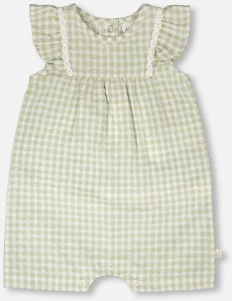 Deux par Deux Sleeveless Flutter Ruffles Gingham Romper in Green Gingham at Nordstrom, Size 12M