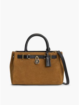 Tommy Hilfiger Womens Suede & Leather Mini Tote Bag - Cognac