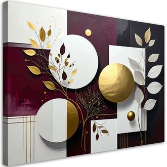 Feeby Cuadro Sobre Lienzo, Abstracci&oacute;n Geom&eacute;trica Burdeos De C&iacute;rculos Y Plantas, 100x70