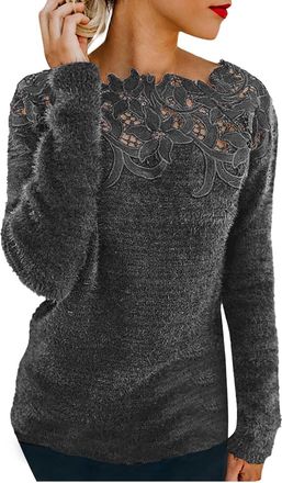 Generic HUIFUAO Lace Cashmere Jumpers Ladies Plus Size Velvet Sweaters for Women UK Long Sleeve Elegant Sexy Womens Sweatshirts and Pullover (Grey, XXL)
