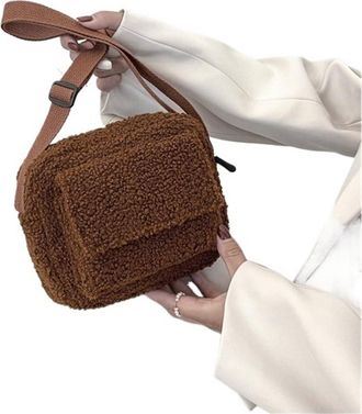 Generic Fluffy Tote Bag Plush Fabric Womens Shoulder Crossbody Bag Small Fluffy Winter Female Handbags(Coffee)