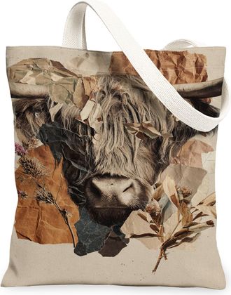 Generic Floral Cow Canvas Tote Bags, Rustic Animal Pattern Reusable Grocery Bags, Vintage Lightweight Washable Shoulder Strap, Beige, 13x15 Inch