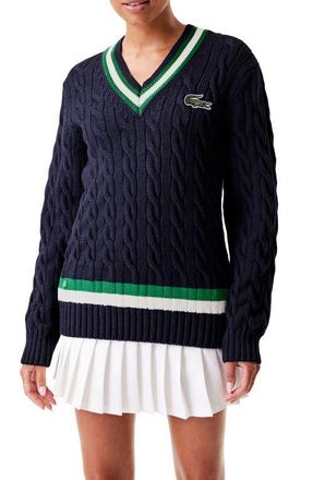 Lacoste Cable Knit Wool Blend Tennis Sweater in Uj7 Navy Blue/Rocket-White at Nordstrom, Size Large