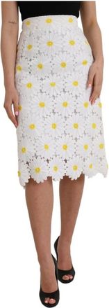 Dolce & Gabbana Witte Bloemen Potlood Rok - Dames - Midirokken - Wit - XS - Katoen - Rokken
