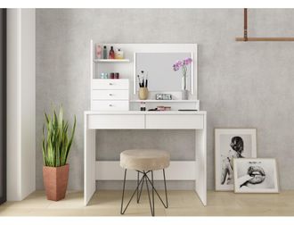 Vente-Unique Tocador 100x142 Cm Blanco Con Espejo Y Cajones
