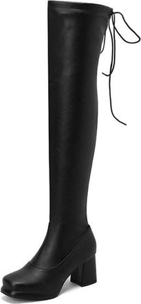 Generic Womens Elastic Lace Up Over The Knee Thigh High Boots Square Toe Platform Block Heels Winter Dress Shoes (7.5,Black)