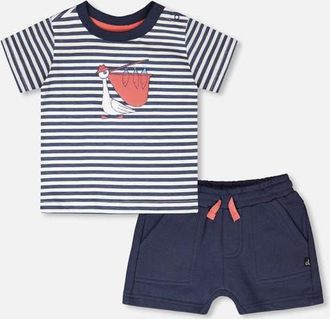 Deux par Deux Organic Cotton Stripes T-Shirt and Short Set in Blue Stripes And Blue at Nordstrom, Size 24M