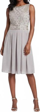 Sue Wong Sleeveless Beaded Bodice Pleated Dress In Platinum
