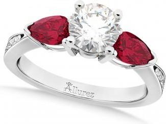 Allurez Round Diamond & Pear Ruby Gemstone Engagement Ring 18k White Gold (1.29ct)