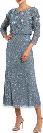 Mac Duggal Floral Embellished Midi Dress With 3/4 Sleeves in Slate Blue at Nordstrom, Size 14