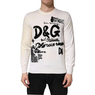 Dolce & Gabbana Mens White Virgin Wool Graphic Logo Crewneck Sweater Black And Clothing