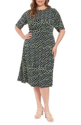 London Times Elbow Sleeve Fit & Flare Midi Dress in Navy/Green at Nordstrom Rack, Size 20W