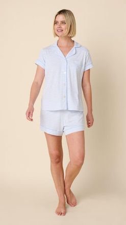 The Cats Pajamas Pima Knit Short Set in Essential Stripe Heavenly Blue at Nordstrom, Size X-Large