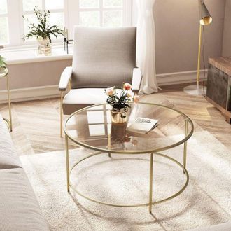 Vasagle Mesa De Centro Redonda, Mesa De Cristal Con Marco De Acero Dorado, Mesa De Sal&oacute;n, Mesa De Caf&eacute;, Robusta, Estable, Decorativa, Color Dorado - Dorado