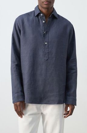 Mango Long Sleeve Linen Polo Shirt in Indigo Blue at Nordstrom, Size Small