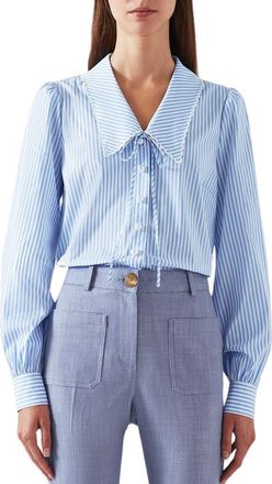 L.k. Bennett Beecham Stripe Collar Long Sleeve Top in Multi Blue/White at Nordstrom Rack, Size 12 Us / 16 Uk