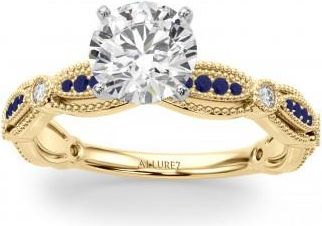 Allurez Antique Style Lab Blue Sapphire & Lab Grown Diamond Engagement Ring 14K Yellow Gold (0.20ct)