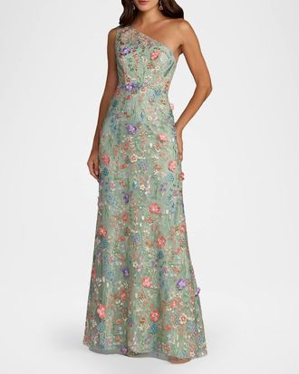 Mac Duggal One-Shoulder Floral Embroidered Gown
