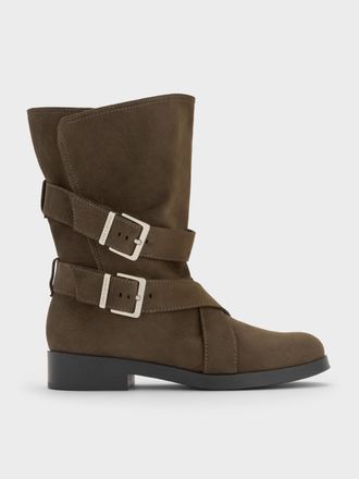 Charles & Keith Brett Faux Suede Buckle-Strap Calf Boots