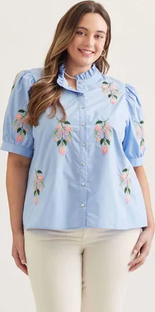 Entro Embroidered Floral Short Sleeve Top - Plus In Blue