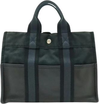 Herm&egrave;s Pre-owned Canvas Leather Tote PM Bag - Dames - Vintage Shopper - Blauw - ONE Size - Leer - Vintage