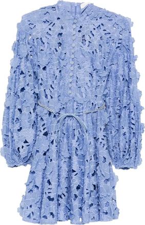 Zimmermann Patience Mini-jurk met Lange Mouwen en Riem - Dames - Korte kleedjes - Blauw - L - Katoen - Kleedjes