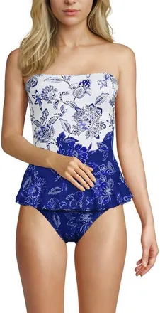 Lands End Sculpting Suit Ruffle Bandeau One Piece Swimsuit in White/cobalt Floral Placement at Nordstrom, Size 10