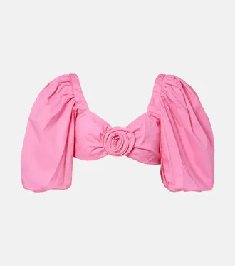 Adriana Degreas Floral-appliqu&eacute; cotton-blend crop top