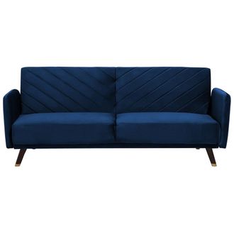 Beliani Sof&aacute; Cama 3 Plazas De Terciopelo Azul Marino Madera Oscura Reclinable Senja