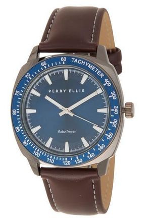 Perry Ellis Solar Powered 3-Hand Quartz Faux Leather Strap Watch, 41mm in Brown at Nordstrom Rack