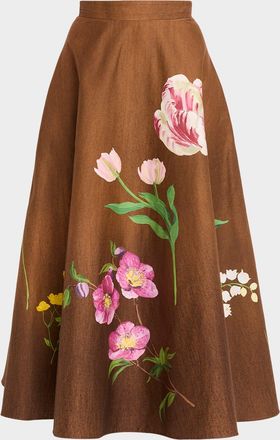 Oscar De La Renta Mixed Botanical Print Cotton Midi Skirt