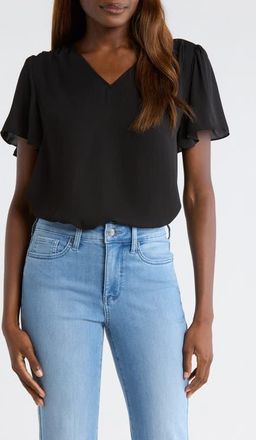 NYDJ Pleated Back Flutter Sleeve Top in Black at Nordstrom, Size Xx-Small