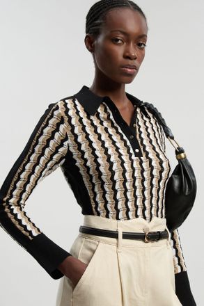 Karen Millen Womens Knit Pointelle Contrast Collared Top - Beige Viscose - Size X-Small
