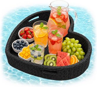 Relaxdays Relaxdays Bandeja Flotante Coraz&oacute;n Para Piscina, Snacks Y Bebidas, Aprox. 20x60x60 Cm, Rat&aacute;n Pe, Insumergible, Negro