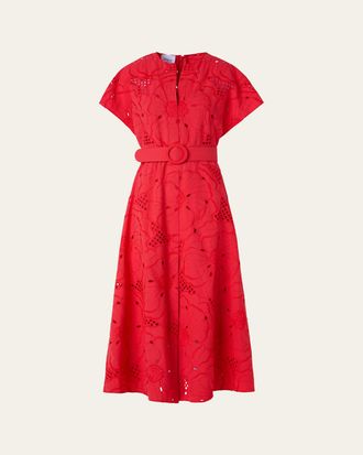 Akris Floral Eyelet Embroidered Short-Sleeve Belted Midi Dress