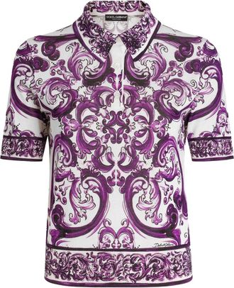 Dolce & Gabbana Polo in seta con stampa maioliche - Bianco