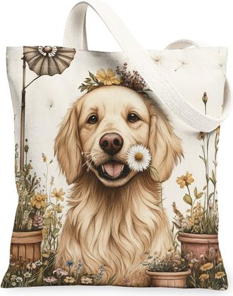 Generic Spring Golden Retriever Dog Canvas Tote Bag for Shopping 13x15, Farmhouse Country Puppy Reusable Grocery Print Bag for Women, Farm Pet Beach Aesthetic